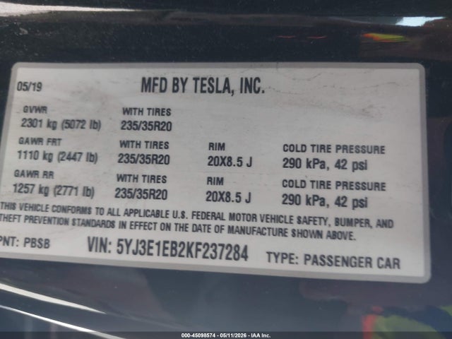 Продажа на аукционе авто 2019 Tesla Model 3 Long Range/performance, vin: 5YJ3E1EB2KF237284, номер лота: 45098574