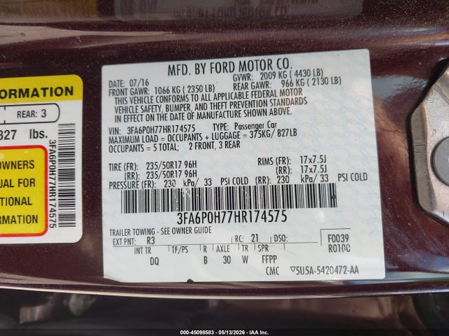 Aukcja sprzedaży 2017 Ford Fusion Se, vin: 3FA6P0H77HR174575, numer aukcji: 45098583