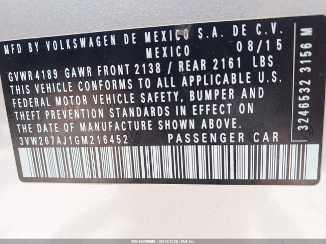 2016 Volkswagen Jetta 1.4t S მანქანა იყიდება აუქციონზე, vin: 3VW267AJ1GM216452, აუქციონის ნომერი: 45098586