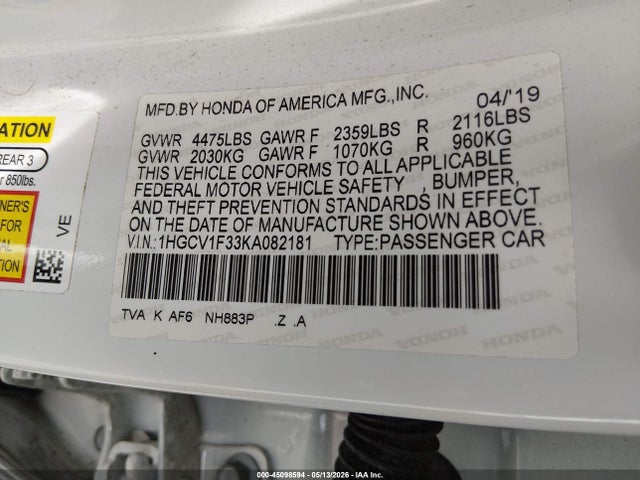 45098594 :رقم المزاد ، 1HGCV1F33KA082181 vin ، 2019 Honda Accord Sport مزاد بيع