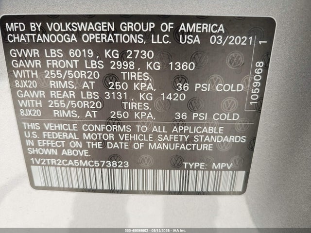 1V2TR2CA5MC573823 Volkswagen Atlas 3.6l V6 Sel Premium
