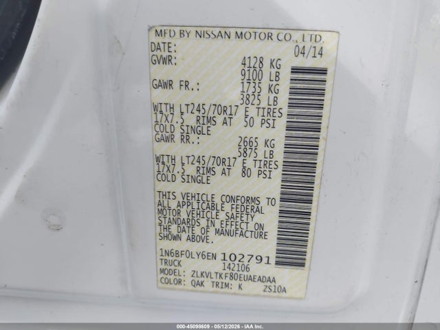 Продажа на аукционе авто 2014 Nissan Nv Cargo Nv2500 Hd Sv V6, vin: 1N6BF0LY6EN102791, номер лота: 45098609