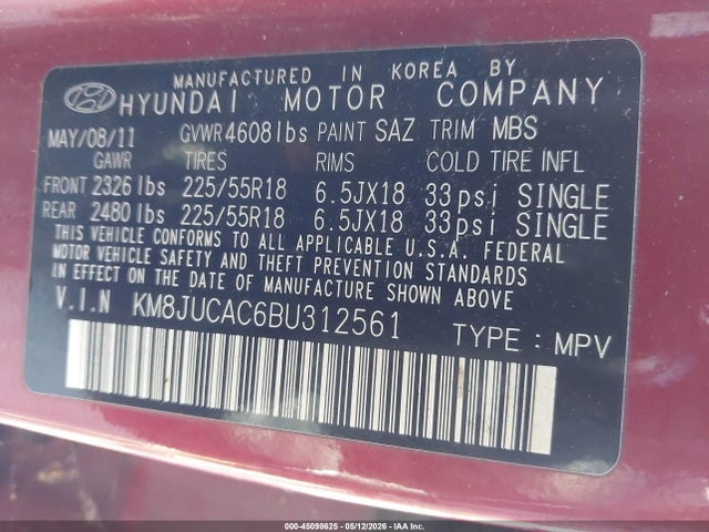 Aukcja sprzedaży 2011 Hyundai Tucson Limited, vin: KM8JUCAC6BU312561, numer aukcji: 45098625