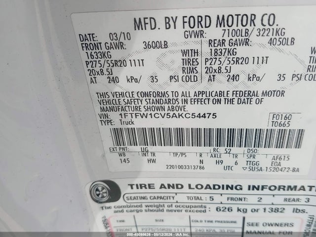 Aukcja sprzedaży 2010 Ford F-150 Fx2 Sport/harley-davidson/king Ranch/lariat/platinum/xl/xlt, vin: 1FTFW1CV5AKC54475, numer aukcji: 45098626