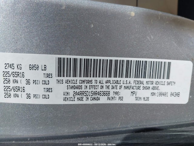 2010 Chrysler Town & Country Touring მანქანა იყიდება აუქციონზე, vin: 2A4RR5D15AR463668, აუქციონის ნომერი: 45098632