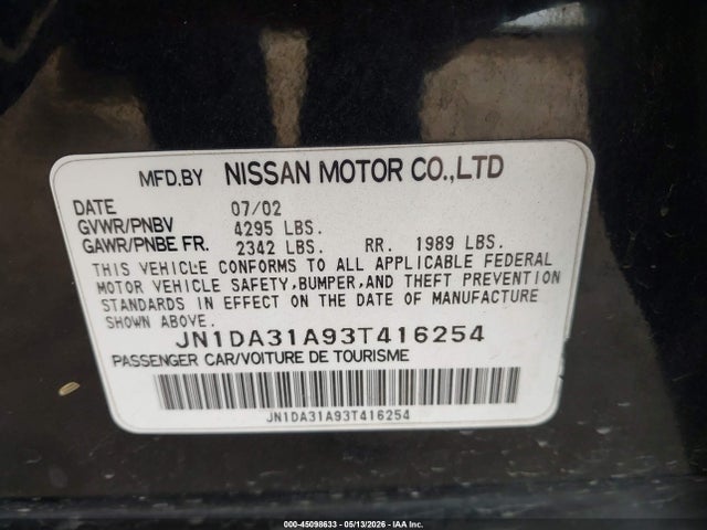 45098633 :رقم المزاد ، JN1DA31A93T416254 vin ، 2003 Nissan Maxima Gle مزاد بيع