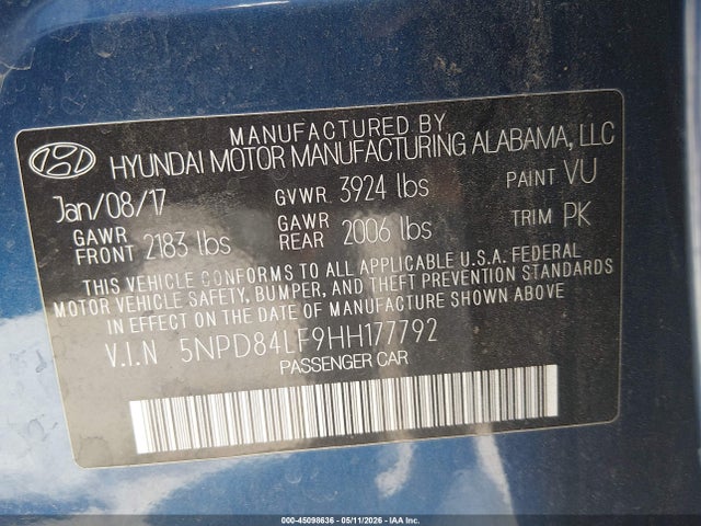 5NPD84LF9HH177792 Hyundai ELANTRA SE