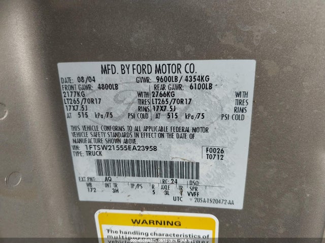 45098637 :رقم المزاد ، 1FTSW21555EA23958 vin ، 2005 Ford F-250 Lariat/xl/xlt مزاد بيع