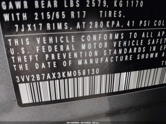 45098650 :رقم المزاد ، 3VV2B7AX3KM058130 vin ، 2019 Volkswagen Tiguan 2.0t Se/2.0t Sel/2.0t Sel R-line/2.0t Sel R-line Black مزاد بيع