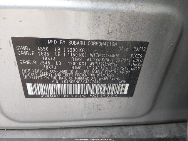 2019 Subaru Outback 3.6r Limited მანქანა იყიდება აუქციონზე, vin: 4S4BSENC8K3327942, აუქციონის ნომერი: 45098657