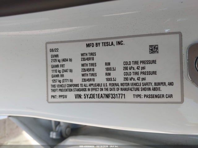 Aukcja sprzedaży 2022 Tesla Model 3 Rear-wheel Drive, vin: 5YJ3E1EA7NF331771, numer aukcji: 45098658