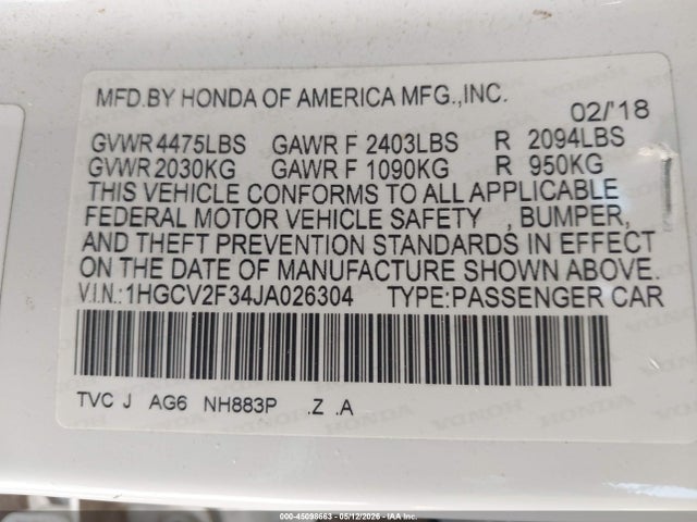 45098663 :رقم المزاد ، 1HGCV2F34JA026304 vin ، 2018 Honda Accord Sport 2.0t مزاد بيع