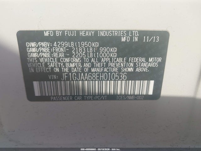 45098665 :رقم المزاد ، JF1GJAA68EH010536 vin ، 2014 Subaru Impreza 2.0i مزاد بيع