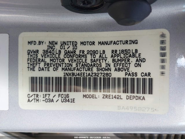 2010 Toyota Corolla Le მანქანა იყიდება აუქციონზე, vin: 1NXBU4EE1AZ327280, აუქციონის ნომერი: 45098670