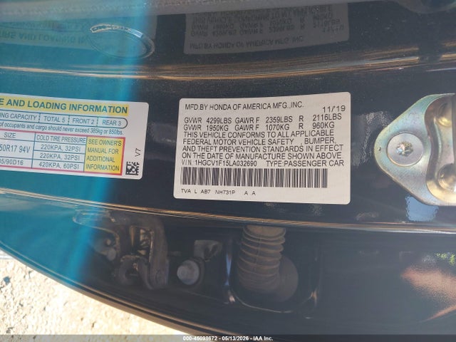 45098672 :رقم المزاد ، 1HGCV1F15LA032690 vin ، 2020 Honda Accord Lx مزاد بيع
