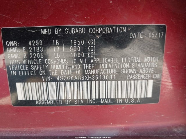 Aukcja sprzedaży 2017 Subaru Impreza 2.0i Premium, vin: 4S3GKAB6XH3618081, numer aukcji: 45098673