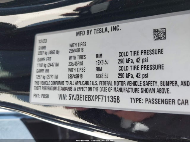 Aukcja sprzedaży 2023 Tesla Model 3 Long Range Dual Motor All-wheel Drive, vin: 5YJ3E1EBXPF711358, numer aukcji: 45098667