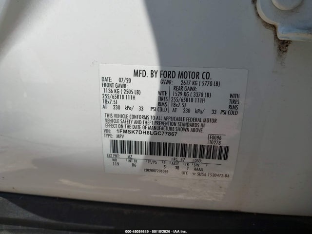 2020 Ford Explorer Xlt მანქანა იყიდება აუქციონზე, vin: 1FMSK7DH6LGC77867, აუქციონის ნომერი: 45098689