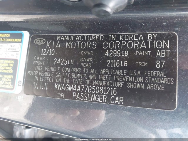 Aukcja sprzedaży 2011 Kia Optima Lx, vin: KNAGM4A77B5081216, numer aukcji: 45098692