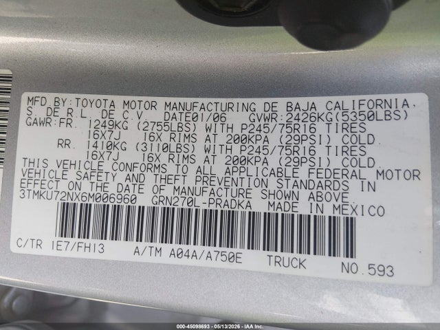 2006 Toyota Tacoma Prerunner V6 მანქანა იყიდება აუქციონზე, vin: 3TMKU72NX6M006960, აუქციონის ნომერი: 45098693