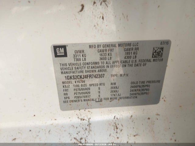 45098696 :رقم المزاد ، 1GKS2CKJ4FR742307 vin ، 2015 Gmc Yukon Denali مزاد بيع