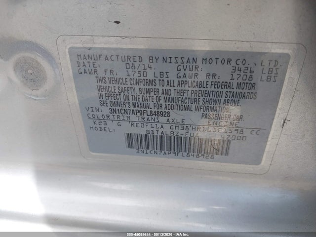 Продажа на аукционе авто 2015 Nissan Versa 1.6 Sv, vin: 3N1CN7AP9FL848928, номер лота: 45098684