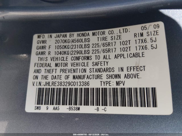 Aukcja sprzedaży 2009 Honda Cr-v Lx, vin: JHLRE38329C013386, numer aukcji: 45098705