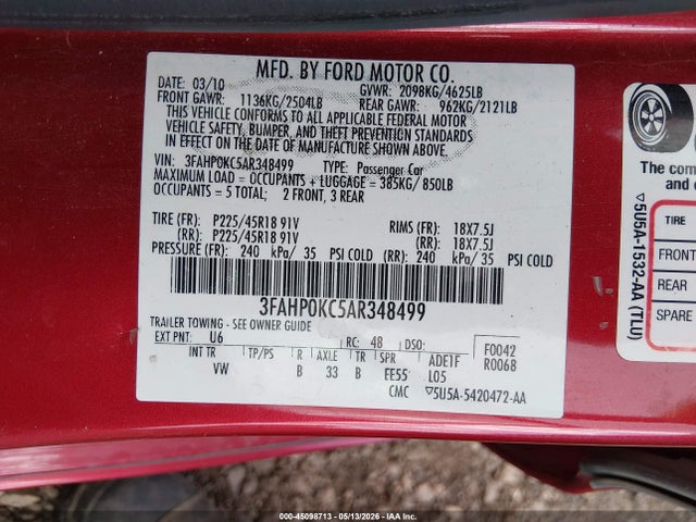 2010 Ford Fusion Sport მანქანა იყიდება აუქციონზე, vin: 3FAHP0KC5AR348499, აუქციონის ნომერი: 45098713