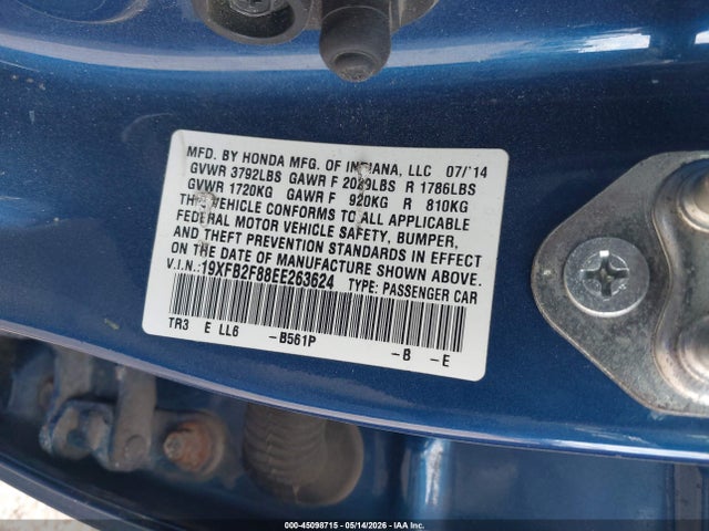 45098715 :رقم المزاد ، 19XFB2F88EE263624 vin ، 2014 Honda Civic Ex مزاد بيع