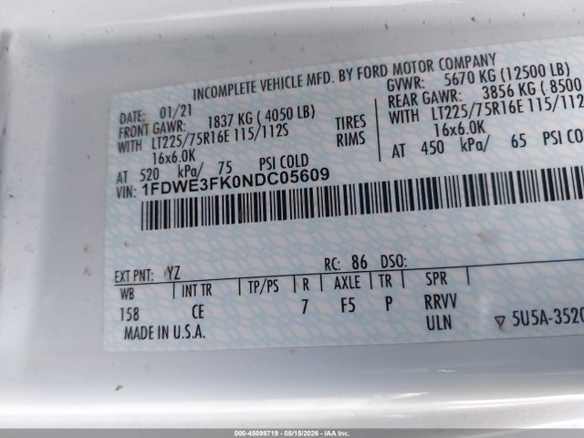 2022 Ford E-350 Cutaway მანქანა იყიდება აუქციონზე, vin: 1FDWE3FK0NDC05609, აუქციონის ნომერი: 45098719