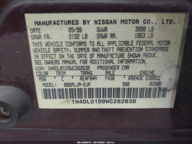 Продажа на аукционе авто 1998 Nissan Altima Gle/gxe/se/xe, vin: 1N4DL01D9WC262638, номер лота: 45098727