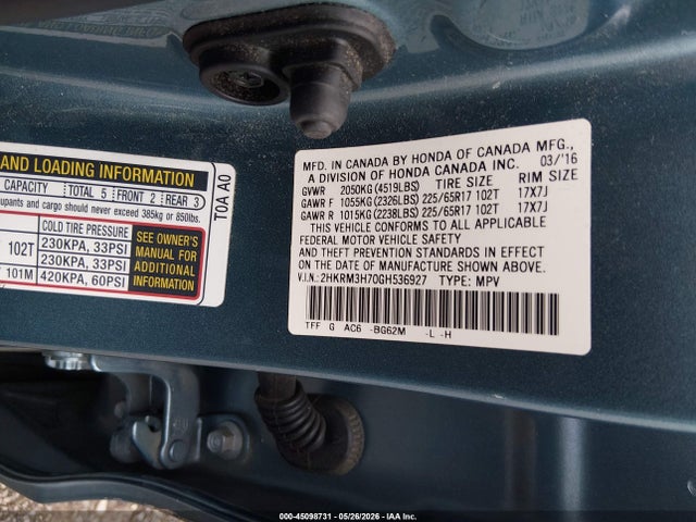 Продажа на аукционе авто 2016 Honda Cr-v Ex-l, vin: 2HKRM3H70GH536927, номер лота: 45098731