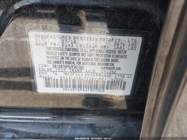 Aukcja sprzedaży 2018 Nissan Sentra Sv, vin: 3N1AB7AP5JY347062, numer aukcji: 45098735