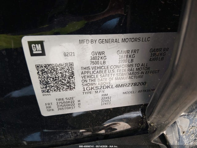 2021 Gmc Yukon 4wd Denali მანქანა იყიდება აუქციონზე, vin: 1GKS2DKL4MR278200, აუქციონის ნომერი: 45098741