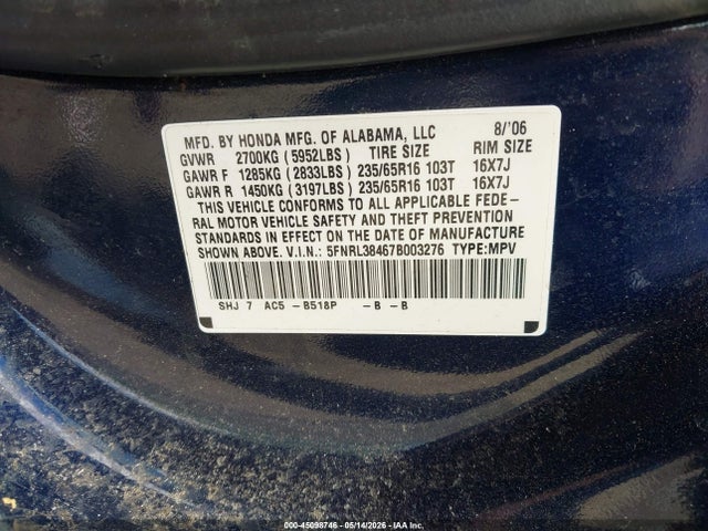 Продажа на аукционе авто 2007 Honda Odyssey Ex, vin: 5FNRL38467B003276, номер лота: 45098746