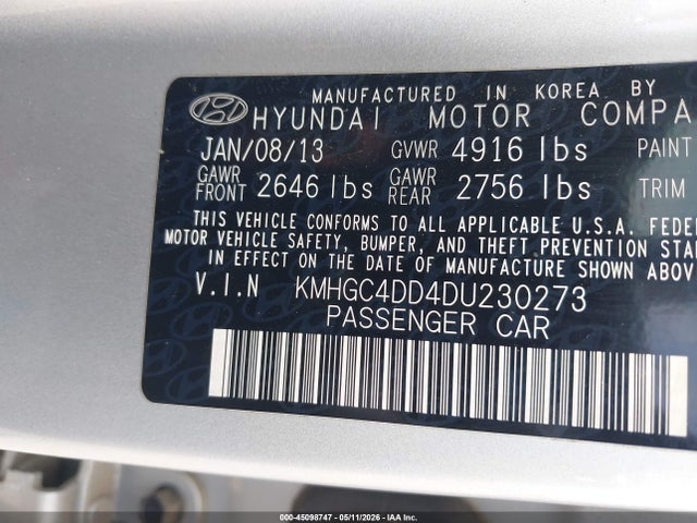 Auction sale of the 2013 Hyundai Genesis 3.8, vin: KMHGC4DD4DU230273, lot number: 45098747
