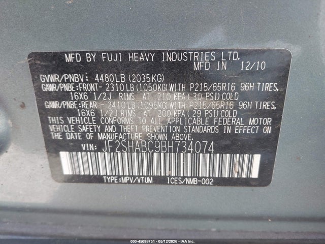 Продаж на аукціоні авто 2011 Subaru Forester 2.5x, vin: JF2SHABC9BH734074, номер лоту: 45098751