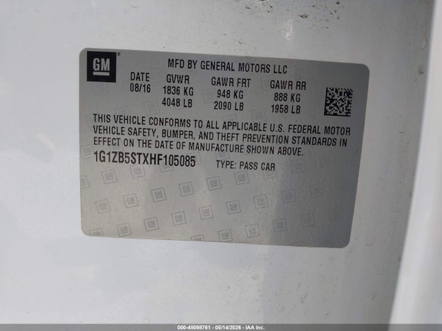 Aukcja sprzedaży 2017 Chevrolet Malibu Ls, vin: 1G1ZB5STXHF105085, numer aukcji: 45098761