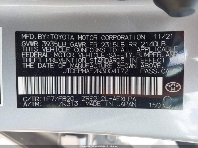 JTDEPMAE2N3004172 Toyota COROLLA LE