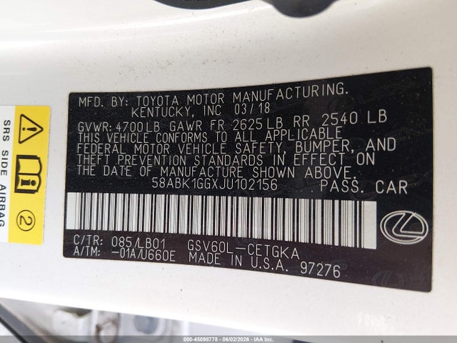 45098778 :رقم المزاد ، 58ABK1GGXJU102156 vin ، 2018 Lexus Es 350 مزاد بيع