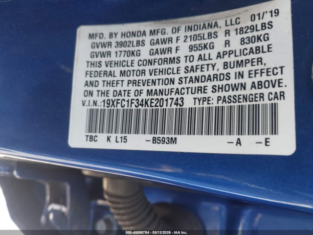 Продаж на аукціоні авто 2019 Honda Civic Ex, vin: 19XFC1F34KE201743, номер лоту: 45098784