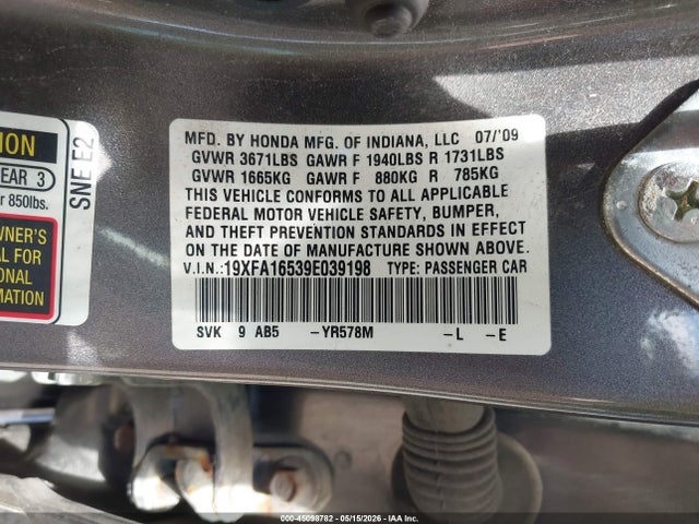 Продажа на аукционе авто 2009 Honda Civic Lx, vin: 19XFA16539E039198, номер лота: 45098782