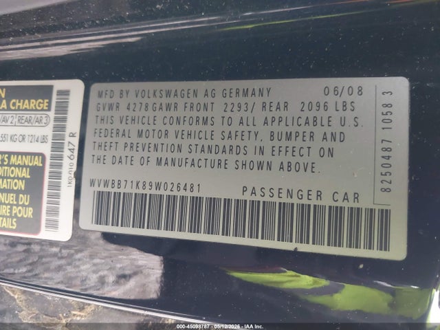 Продаж на аукціоні авто 2009 Volkswagen Rabbit S, vin: WVWBB71K89W026481, номер лоту: 45098787