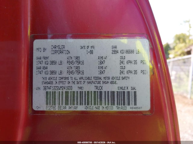 Aukcja sprzedaży 1998 Dodge Ram 1500 St, vin: 3B7HF12Z2WM241633, numer aukcji: 45098788