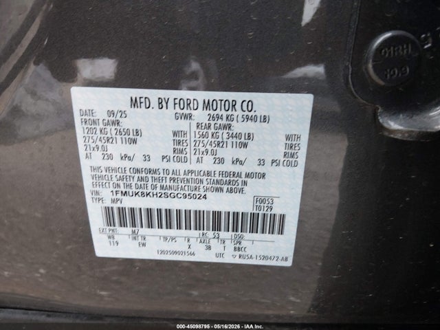 Продажа на аукционе авто 2025 Ford Explorer St-line, vin: 1FMUK8KH2SGC95024, номер лота: 45098795