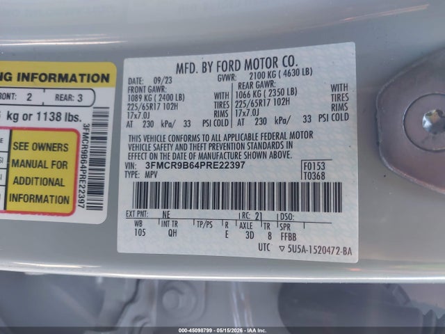 45098799 :رقم المزاد ، 3FMCR9B64PRE22397 vin ، 2023 Ford Bronco Sport Big Bend مزاد بيع