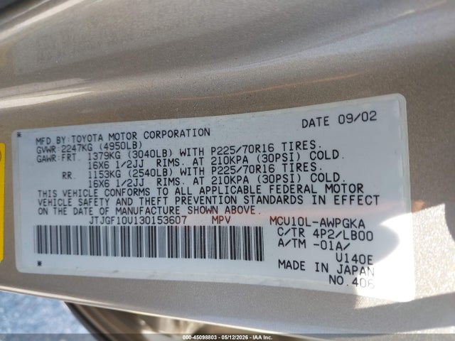 Aukcja sprzedaży 2003 Lexus Rx 300, vin: JTJGF10U130153607, numer aukcji: 45098803