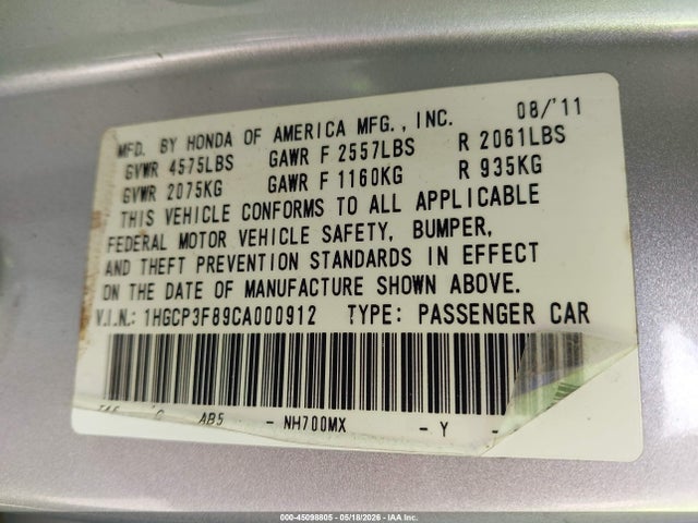 2012 Honda Accord 3.5 Ex-l მანქანა იყიდება აუქციონზე, vin: 1HGCP3F89CA000912, აუქციონის ნომერი: 45098805