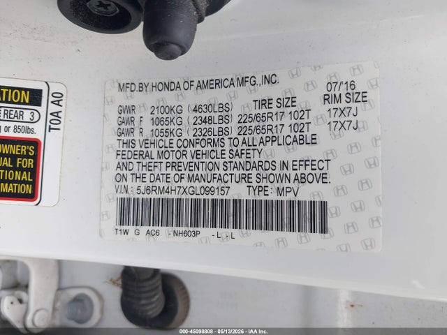2016 Honda Cr-v Ex-l მანქანა იყიდება აუქციონზე, vin: 5J6RM4H7XGL099157, აუქციონის ნომერი: 45098808