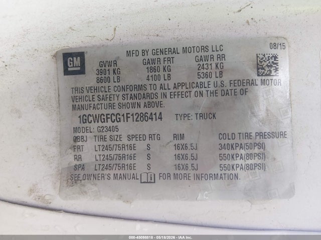 Продаж на аукціоні авто 2015 Chevrolet Express G2500, vin: 1GCWGFCG1F1286414, номер лоту: 45098818